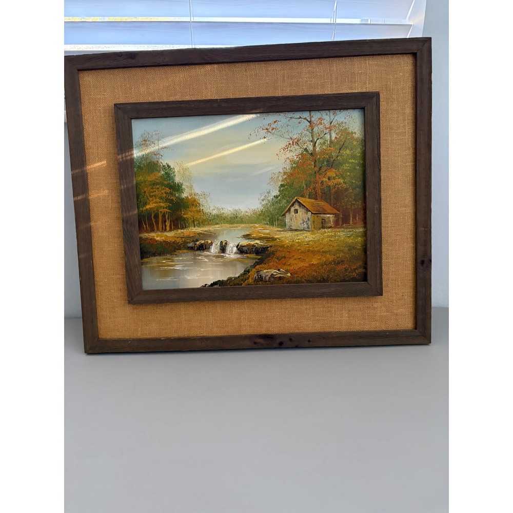 VTG Oil Canvas Landscape Painting Rustic Cabin Waterfall Autumn Framed Art‎